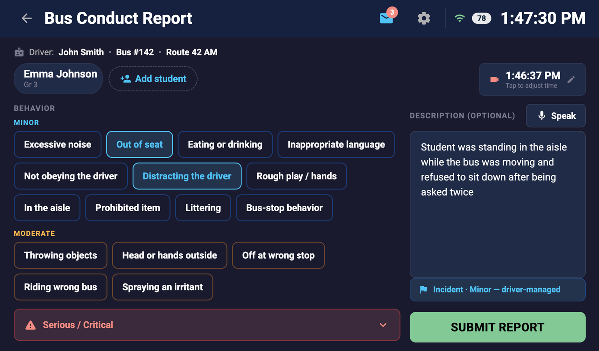 Bus conduct report on the tablet
