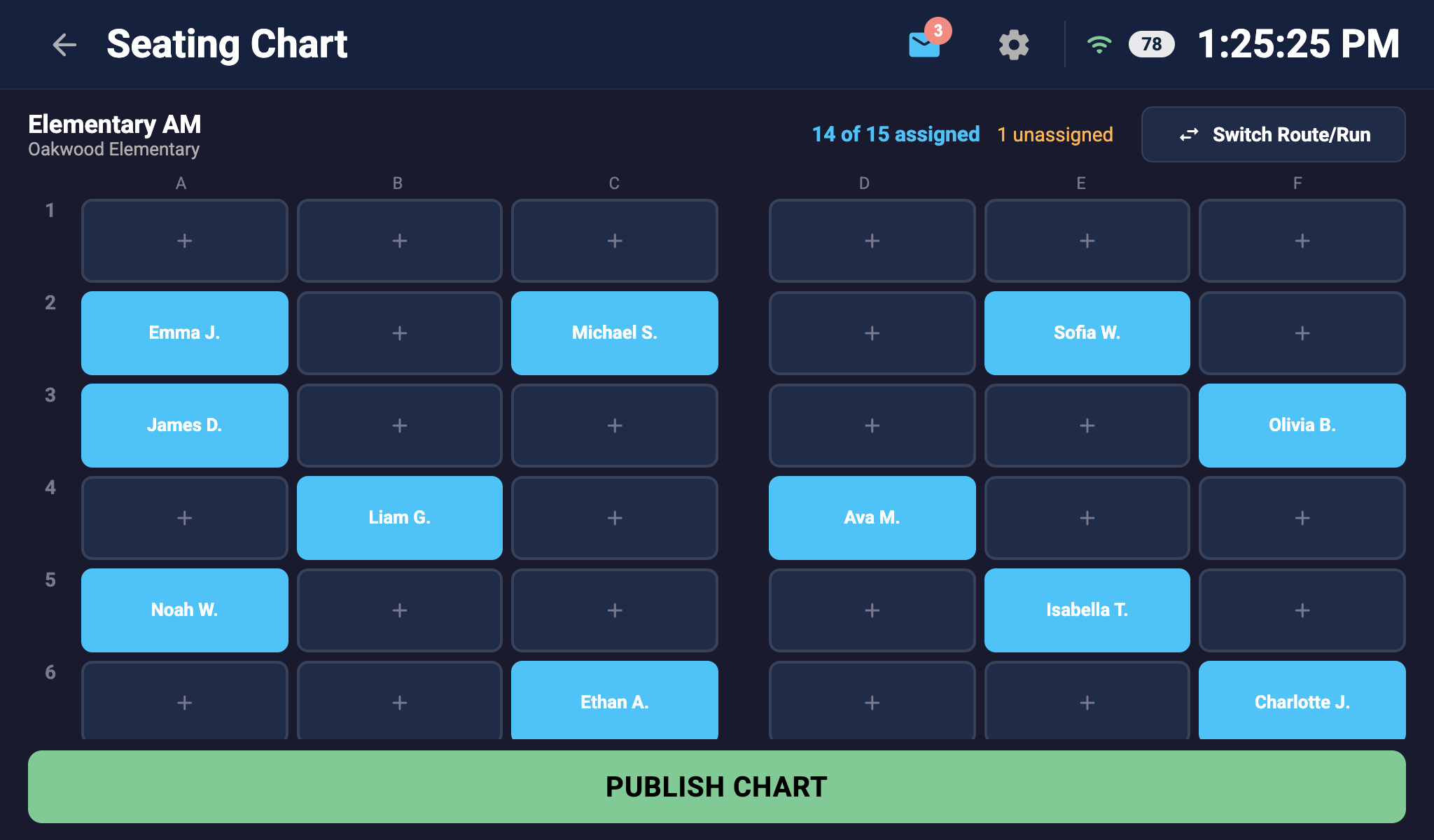Seating chart on the driver tablet