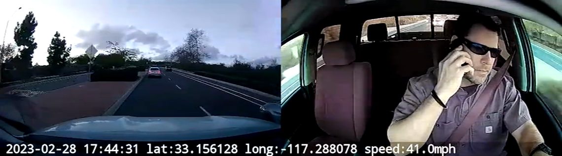 A Vision clip of a distracted driving event flagged for cell phone use, road view and driver view side by side