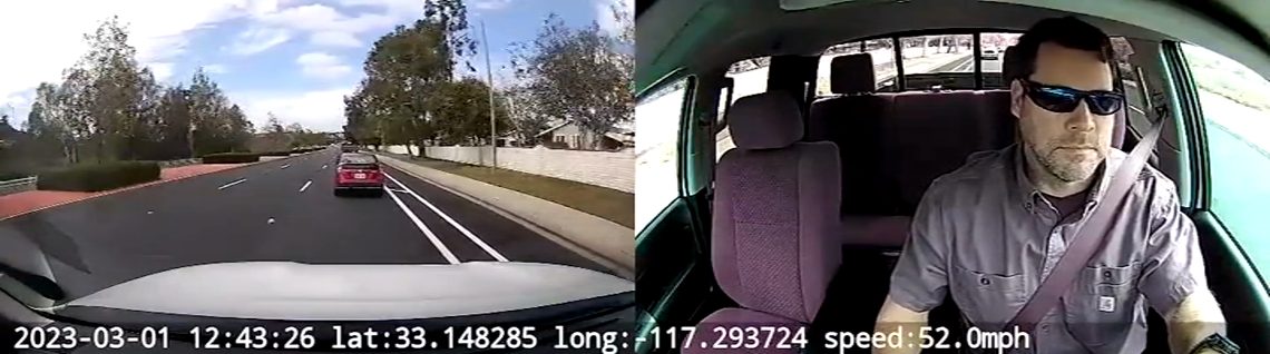 A Vision clip of a tailgating event, road view and driver view side by side