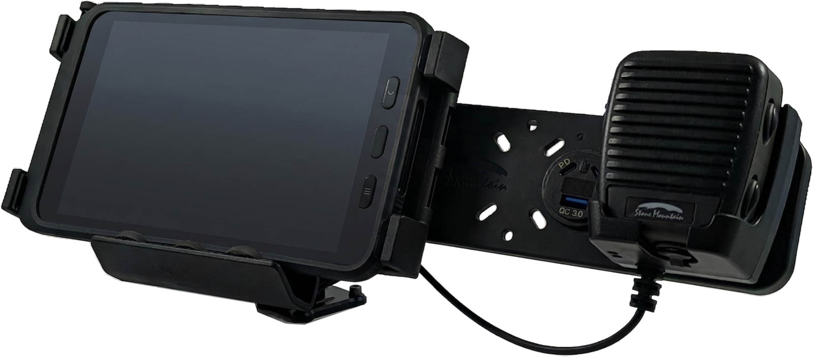 Tablet in the powered cradle with the push-to-talk mic